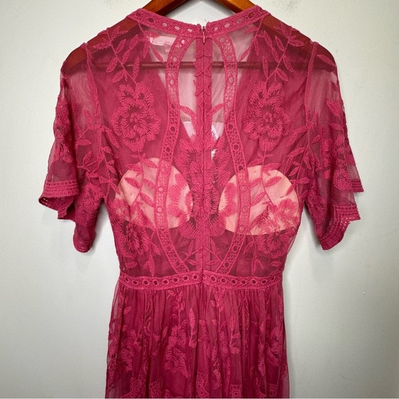 Honey Punch Pink Lace Romper Maxi Dress Size Small Plunging Neckline Feminine - Picture 7 of 15